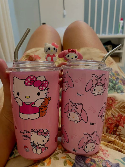 Hello Kitty & Kuromi Aesthetic Tumbler – Cute Reusable Cup with Straw
